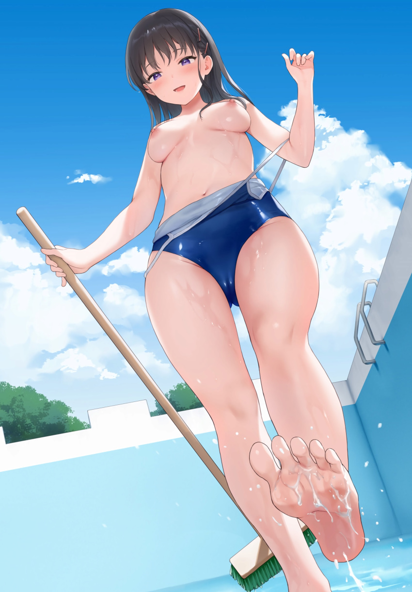 1girl absurdres artbook bare_legs barefoot blue_one-piece_swimsuit blush breasts broom cameltoe clothes_pull cloud dutch_angle feet foot_up from_below groin hair_ornament hairclip highres holding holding_broom looking_at_viewer medium_breasts medium_hair navel nipples one-piece_swimsuit one-piece_swimsuit_pull open_mouth original outdoors pool purple_eyes school_swimsuit sekiya_asami sky smile soles solo standing standing_on_one_leg swimsuit thighs toes underboob water_drop wet