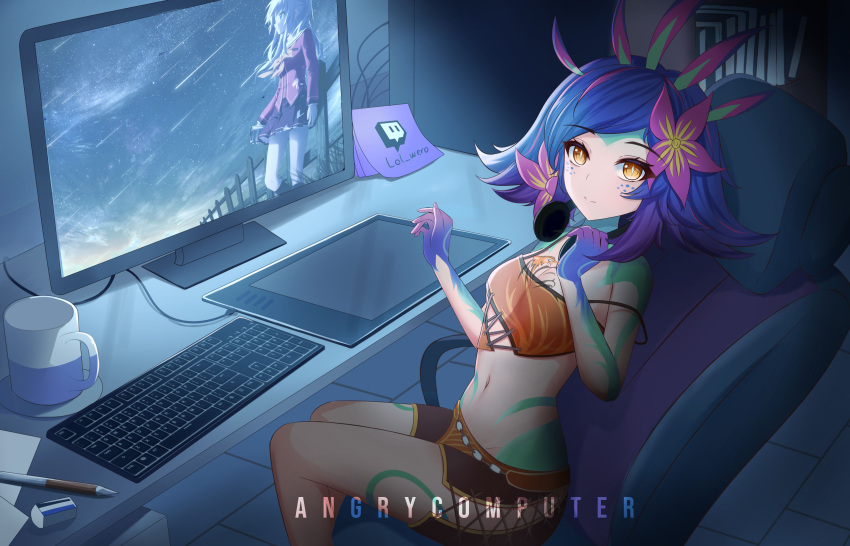 2girls absurdres angrycomputer_studio artist_logo artist_name blue_hair blue_skin breasts cameo chair charlotte_(anime) cleavage closed_mouth colored_skin commentary commission computer crop_top cup dark dark_room drawing_tablet english_commentary eraser feet_out_of_frame flower freckles goribote green_skin hair_flower hair_ornament hand_on_headphones hands_up headphones headphones_around_neck highres indoors keyboard_(computer) league_of_legends looking_at_viewer medium_hair midriff monitor mug multicolored_hair multicolored_skin multiple_girls navel neeko_(league_of_legends) no_tail office_chair orange_eyes pencil pink_hair purple_hair purple_skin screen_light shorts sitting slit_pupils small_breasts smile solo_focus stomach strap_slip streaked_hair swivel_chair tablet_pc tomori_nao twitch_logo twitch_username watermark