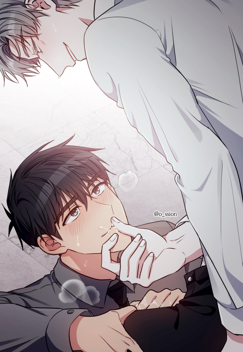 2boys absurdres black_necktie black_pants blush brown_eyes brown_hair collared_shirt grey_shirt highres ilay_riegrow interior jeong_taeui male_focus multiple_boys necktie o_ssion pants passion_(manhwa) saliva shirt smile tile_floor tiles twitter_username white_hair white_shirt yaoi