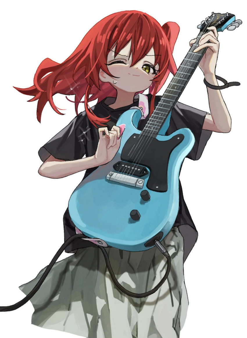 1girl arm_up black_shirt bocchi_the_rock! bracelet cable cable_tie commentary cowboy_shot electric_guitar floating_hair furrowed_brow grey_skirt guitar hand_up highres holding holding_instrument holding_plectrum instrument jewelry kita_ikuyo light_smile looking_at_viewer medium_hair neko_yeye one_eye_closed one_side_up plectrum red_hair shirt short_sleeves shoulder_strap simple_background skirt solo sparkle sweat t-shirt v-shaped_eyebrows white_background yellow_eyes