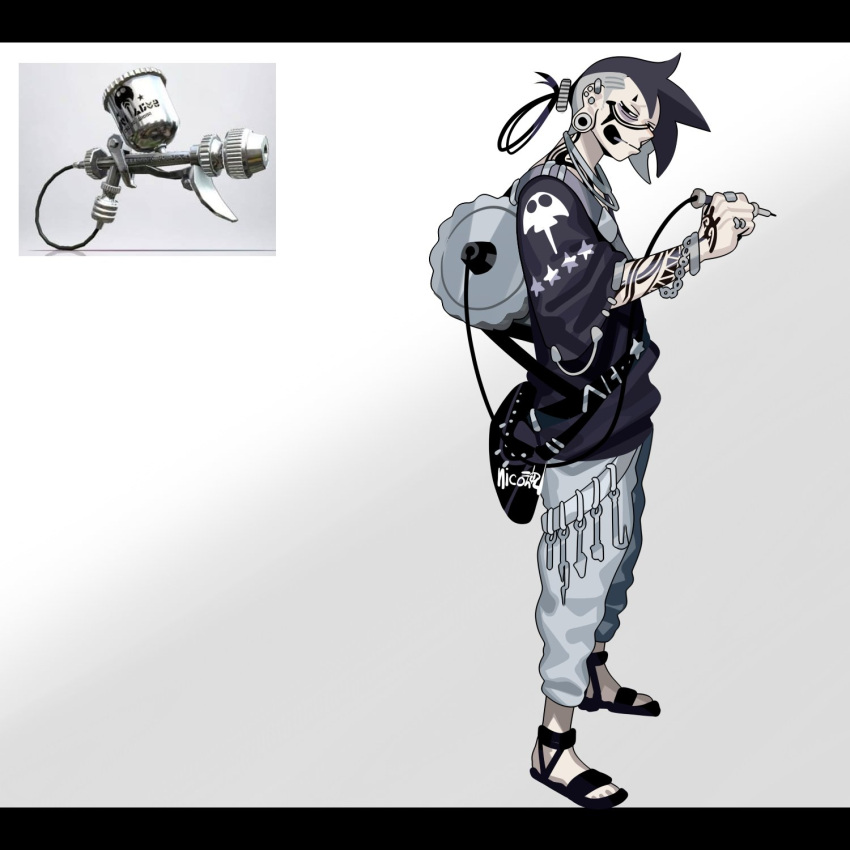 1boy aerospray_(splatoon) arm_tattoo bag black_bag black_eyes black_footwear black_hair closed_mouth ear_piercing facial_tattoo full_body grey_background grey_hair hand_tattoo highres holding letterboxed looking_at_viewer male_focus multicolored_hair pants personification piercing reference_inset sandals sido_(slipknot) simple_background solo splatoon_(series) standing tattoo undercut