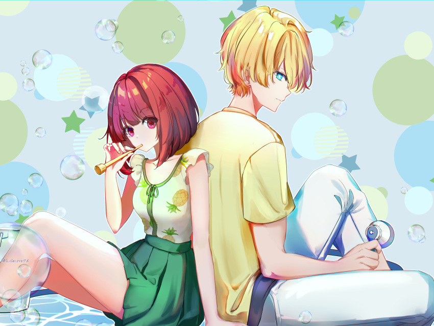 1boy 1girl absurdres arima_kana arm_support back-to-back blonde_hair blue_background blue_eyes bob_cut breasts bubble bubble_blowing closed_mouth collarbone commentary frilled_skirt frills green_shirt green_skirt highres hoshino_ruby inverted_bob lilac10 looking_at_viewer medium_hair no_pupils oshi_no_ko pants pineapple_print pleated_skirt red_eyes red_hair shirt short_hair short_sleeves sitting skirt small_breasts star-shaped_pupils star_(symbol) symbol-shaped_pupils t-shirt twitter_username white_pants yellow_shirt
