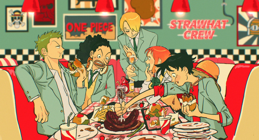 1girl 4boys black_hair blonde_hair blush_stickers burger cheouldu collared_shirt drink drinking_straw eating fast_food food fork french_fries fruit green_hair green_necktie hat headphones headphones_around_neck headwear_removed highres holding holding_drink holding_food holding_fork indoors jacket jolly_roger mandarin_orange monkey_d._luffy multiple_boys nami_(one_piece) necktie one_piece orange_hair plate red_shirt roronoa_zoro sanji_(one_piece) school_uniform shirt short_hair sitting straw_hat straw_hat_pirates straw_hats_jolly_roger sweater_vest usopp white_shirt yellow_sweater_vest