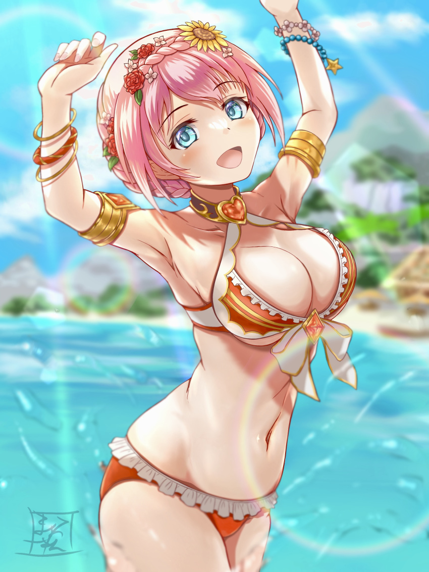 1girl absurdres armpits arms_up beach bikini blue_eyes braid breasts flower hair_flower hair_ornament highres large_breasts maoo-san pink_hair princess_connect! red_flower red_rose rose short_hair smile sunflower sunflower_hair_ornament sunlight swimsuit yui_(princess_connect!) yui_(summer)_(princess_connect!)