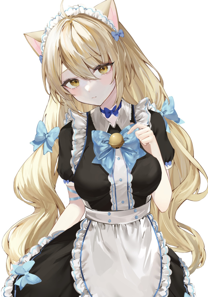 1girl ahoge animal_ears apron arm_ribbon bell black_dress blonde_hair blue_bow blue_bowtie bow bow_choker bowtie cat_ears cat_girl closed_mouth collared_dress commentary_request commission cowboy_shot dress hair_bow highres long_hair looking_at_viewer maid maid_apron maid_headdress original puffy_short_sleeves puffy_sleeves raiya_atelier ribbon short_sleeves simple_background skeb_commission solo very_long_hair white_apron white_background yellow_eyes