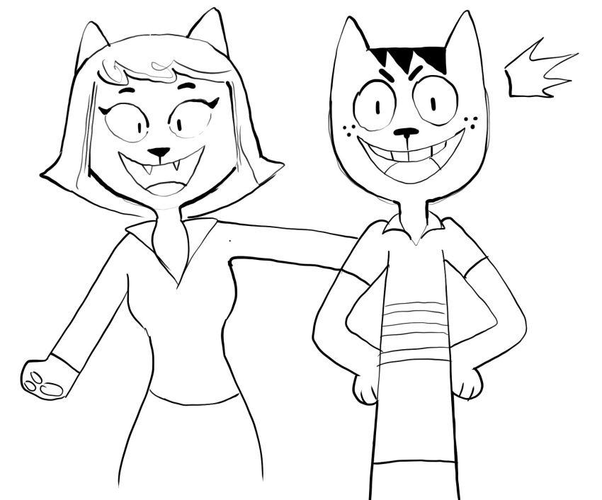anthro black_and_white clothed clothing creator_ant domestic_cat duo felid feline felis female hair hi_res kitty_bobo male mammal monochrome open_mouth short_hair simple_background smile