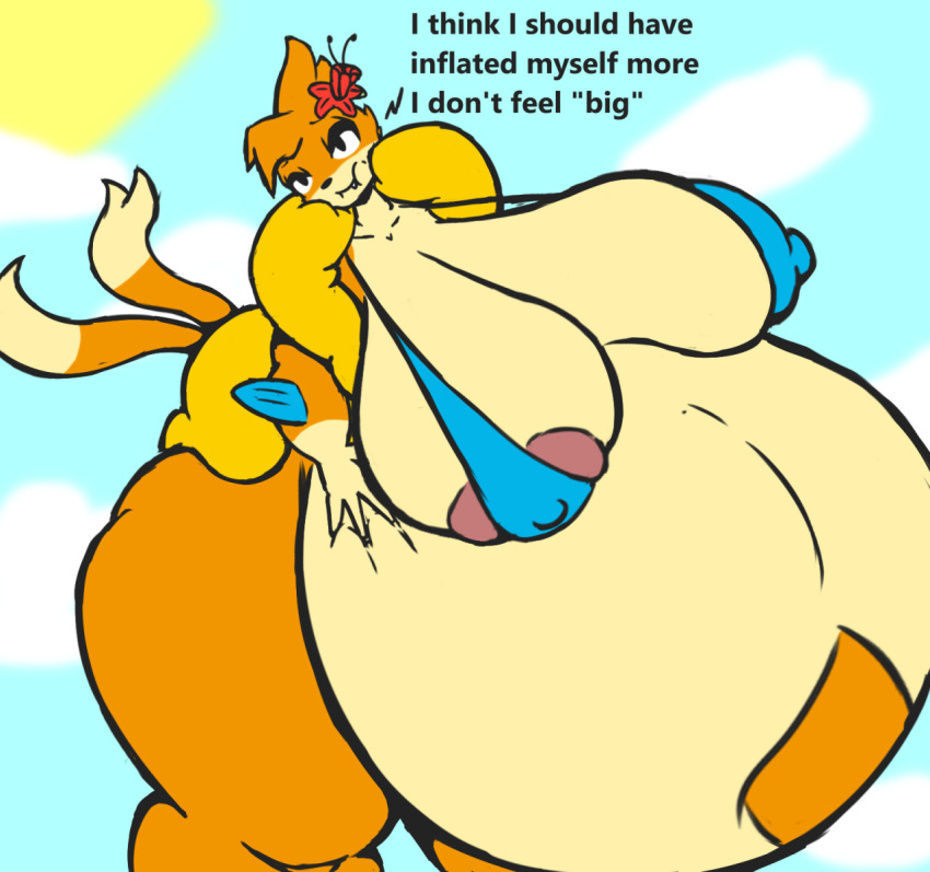 2022 2_tails anthro belly belly_inflation big_belly big_breasts bikini bikini_top blaire_(lutnut215) breast_expansion breasts clothed clothing cloud cloudscape collaboration digital_drawing_(artwork) digital_media_(artwork) english_text expansion fang_out female floatzel flying fur generation_4_pokemon helium helium_inflation hi_res huge_breasts hyper hyper_belly inflation lutnut215 mammal multi_tail mustelid musteline nintendo outside pokemon pokemon_(species) puffed_cheeks simple_background sky solo sun swimwear tail tan_body tan_fur text tight_clothing tight_swimwear true_musteline weasel z_dragon