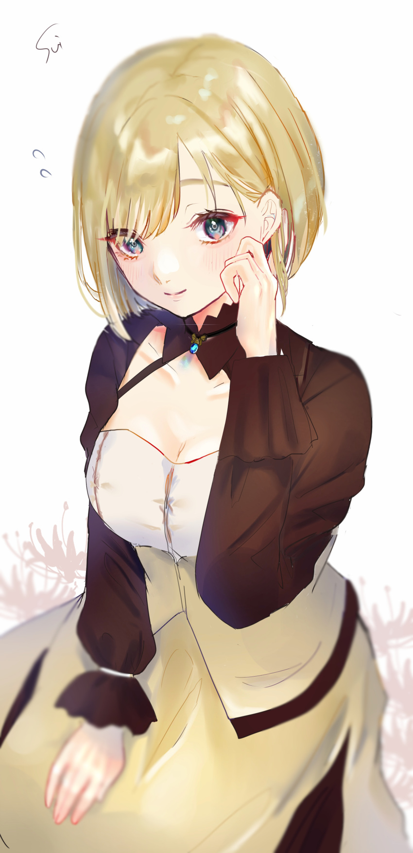 1girl absurdres blonde_hair blue_gemstone blush breasts brown_jacket ceres_(shuuen_no_virche) cleavage closed_mouth gem green_eyes hand_on_own_leg highres jacket jewelry looking_at_viewer necklace shirt short_hair shuuen_no_virche skirt smile solo sui03 teeth white_background white_shirt yellow_skirt