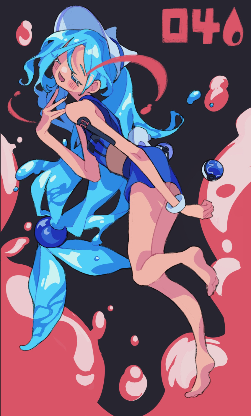 1girl absurdres aqua_hair bangle barefoot bikini blue_bikini blue_hair blue_nails blush bracelet breasts closed_eyes commentary edge_0605 full_body hat hatsune_miku highres jewelry liquid_hair long_hair nail_polish open_mouth poke_ball pokemon project_voltage simple_background small_breasts solo swimsuit symbol-only_commentary very_long_hair vocaloid water_miku_(project_voltage) white_headwear