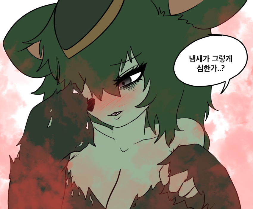 anthro black_eyes blush breasts clothing crossgender female green_body green_hair hair hat headgear headwear hi_res humanoid invalid_background league_of_legends mammal megi mouse murid murine open_mouth riot_games rodent smelly solo twitch_(lol)