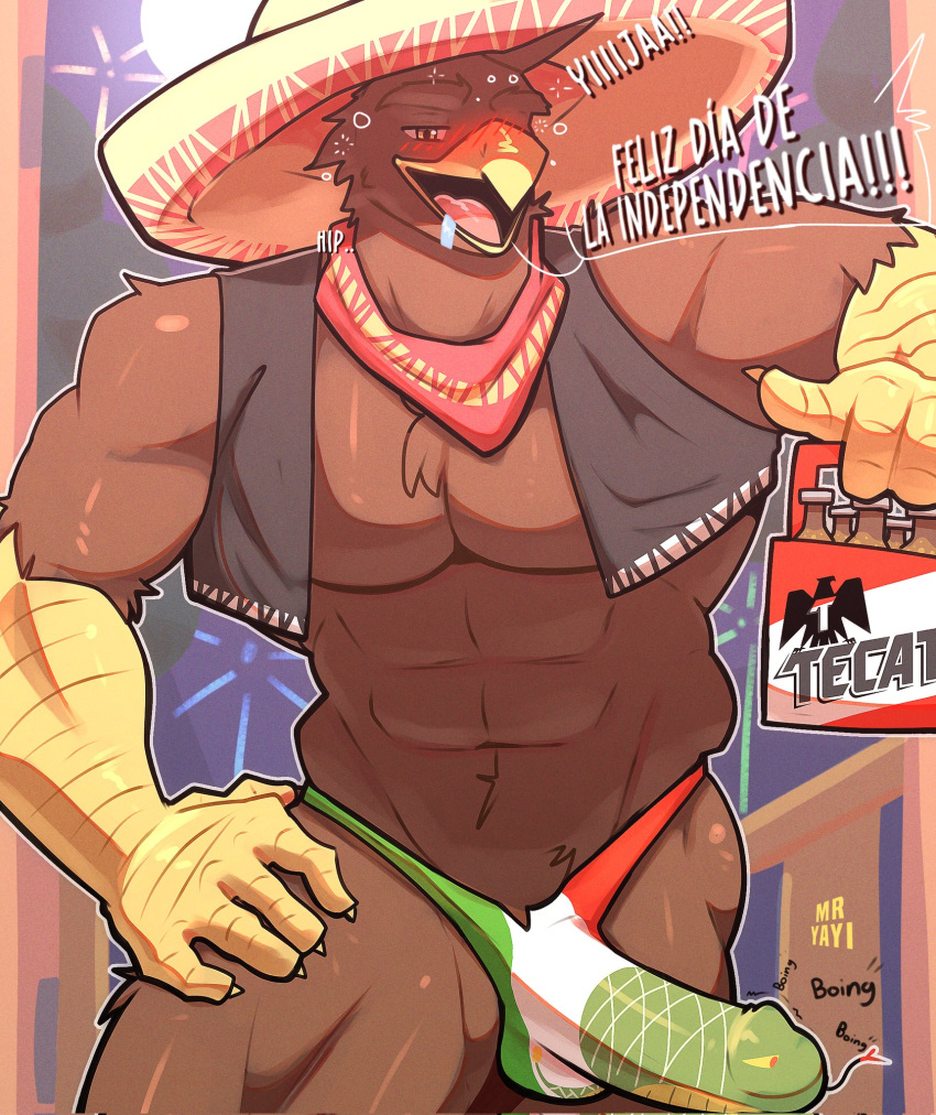 accipitrid accipitriform anthro avian beak beer_bottle bird bottle brown_body brown_feathers bubble bulge clothing container dialogue drunk drunk_bubble eagle erection feathers flag_underwear genital_outline golden_eagle hand_on_hip hat headgear headwear hi_res holidays male mexican_flag mexico muscular muscular_anthro muscular_male open_beak open_mouth penis_outline scuted_arms scutes solo sombrero spanish_text speech_bubble substance_intoxication text topwear true_eagle vest yayi_mr_(artist)