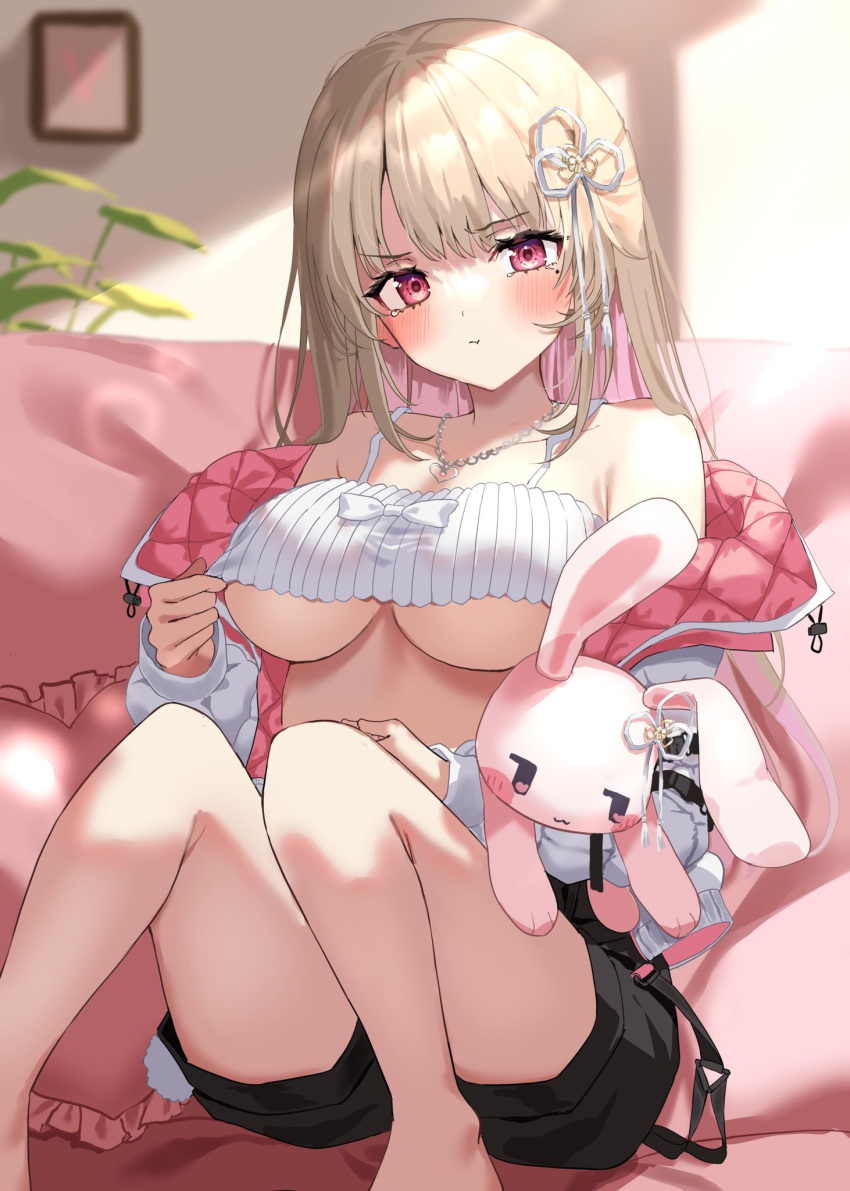 1girl :t ayaginu_temari bare_legs bare_shoulders black_shorts breasts brown_hair camisole commentary_request crop_top doll_hug down_jacket flower_knot frown furrowed_brow hair_ribbon highres isekai_tensei_shite_v_ni_narimashita jacket jewelry knees_up large_breasts long_hair long_sleeves looking_at_viewer midriff mole mole_under_eye necklace no_bra object_hug off_shoulder open_clothes open_jacket pout red_eyes ribbed_shirt ribbon second-party_source shirt short_shorts shorts sitting sleeveless sleeveless_shirt solo spaghetti_strap stuffed_animal stuffed_rabbit stuffed_toy tearing_up thighs two-sided_fabric underboob uuroncha v-shaped_eyebrows virtual_youtuber white_jacket white_shirt