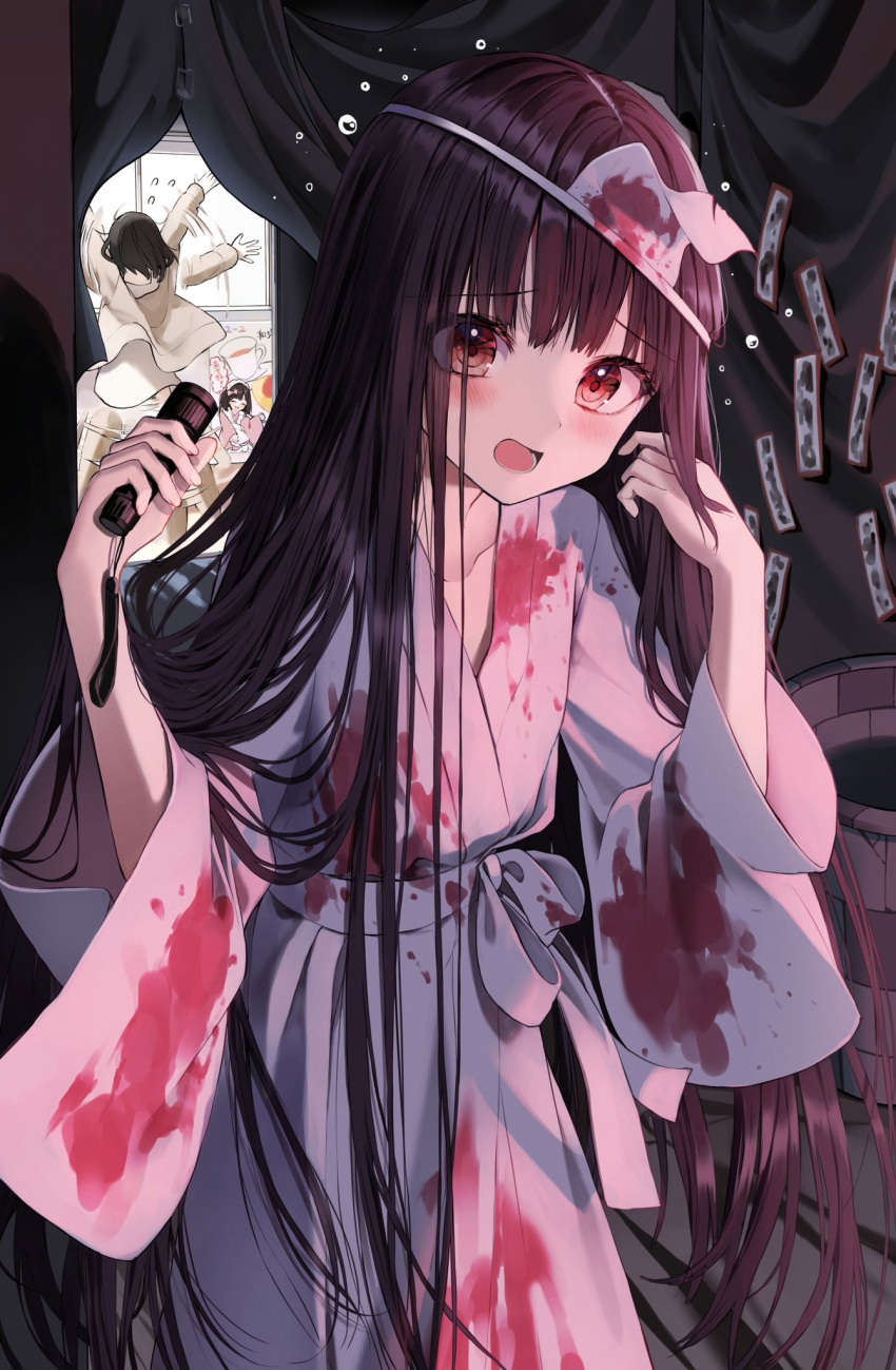 2girls afterimage arms_up black_hair blood blood_on_clothes brown_hair brown_jacket collarbone commentary_request day fake_blood flashlight flying_sweatdrops hands_up highres holding indoors jacket japanese_clothes kimono long_hair long_sleeves multiple_girls open_mouth original pentagon_(railgun_ky1206) red_eyes shirt triangular_headpiece very_long_hair white_headwear white_kimono white_shirt wide_sleeves window