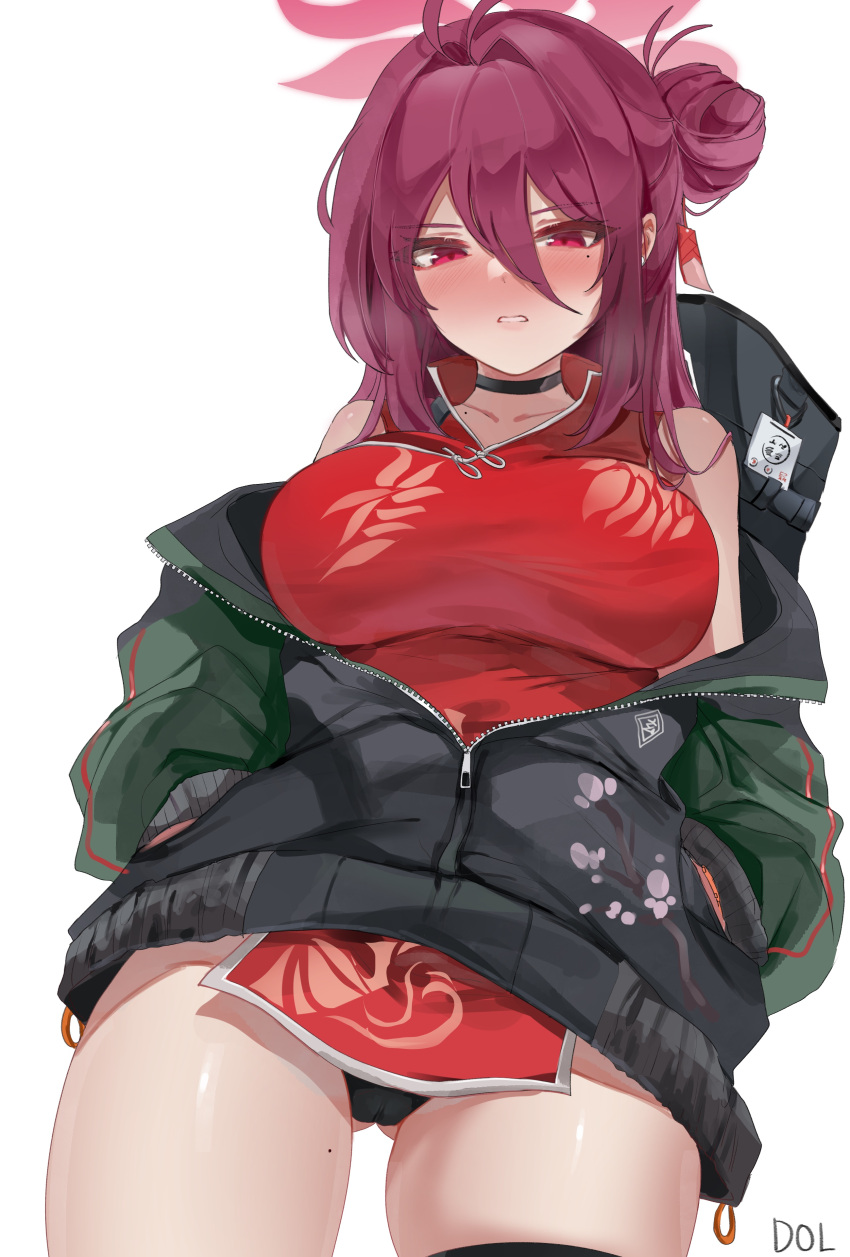 1girl absurdres antenna_hair ass_visible_through_thighs black_choker black_panties blue_archive blush breasts cameltoe china_dress chinese_clothes choker collarbone dolechan dress hair_bun halo hands_in_pockets highres jacket large_breasts letterman_jacket mole mole_on_collarbone mole_on_thigh mole_under_eye nose_blush panties partially_unzipped pelvic_curtain red_eyes red_hair reizyo_(blue_archive) simple_background single_side_bun solo underwear white_background