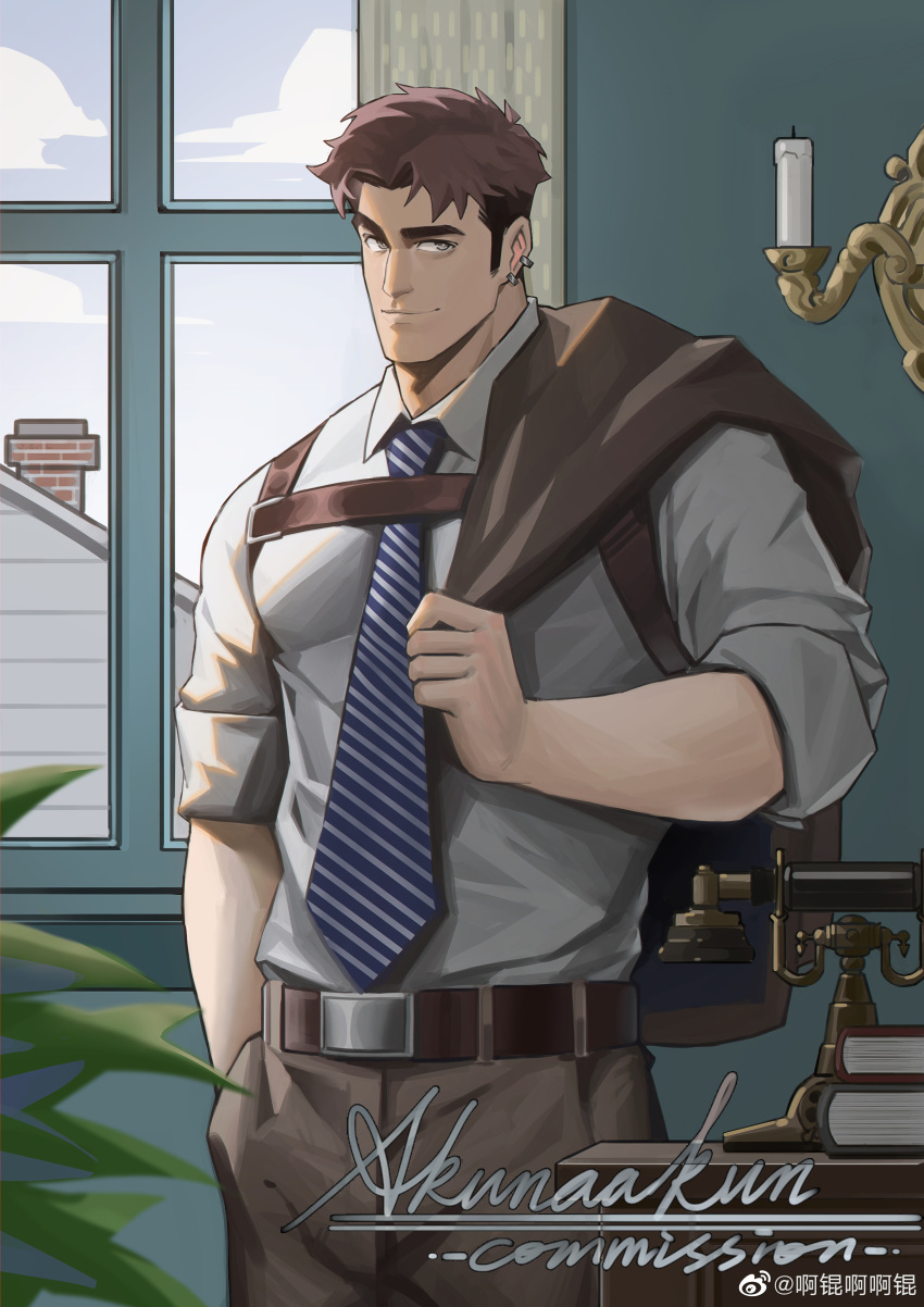 1boy absurdres akunaakun_(kunkun586586) bara brown_hair candlestand collared_shirt earrings feet_out_of_frame highres indoors jacket jacket_on_shoulders jewelry large_pectorals long_sideburns looking_at_viewer male_focus mature_male multicolored_hair multiple_earrings muscular muscular_male necktie original pectorals raised_eyebrow seductive_smile shirt short_hair sideburns sleeves_rolled_up smile solo thick_eyebrows two-tone_hair window