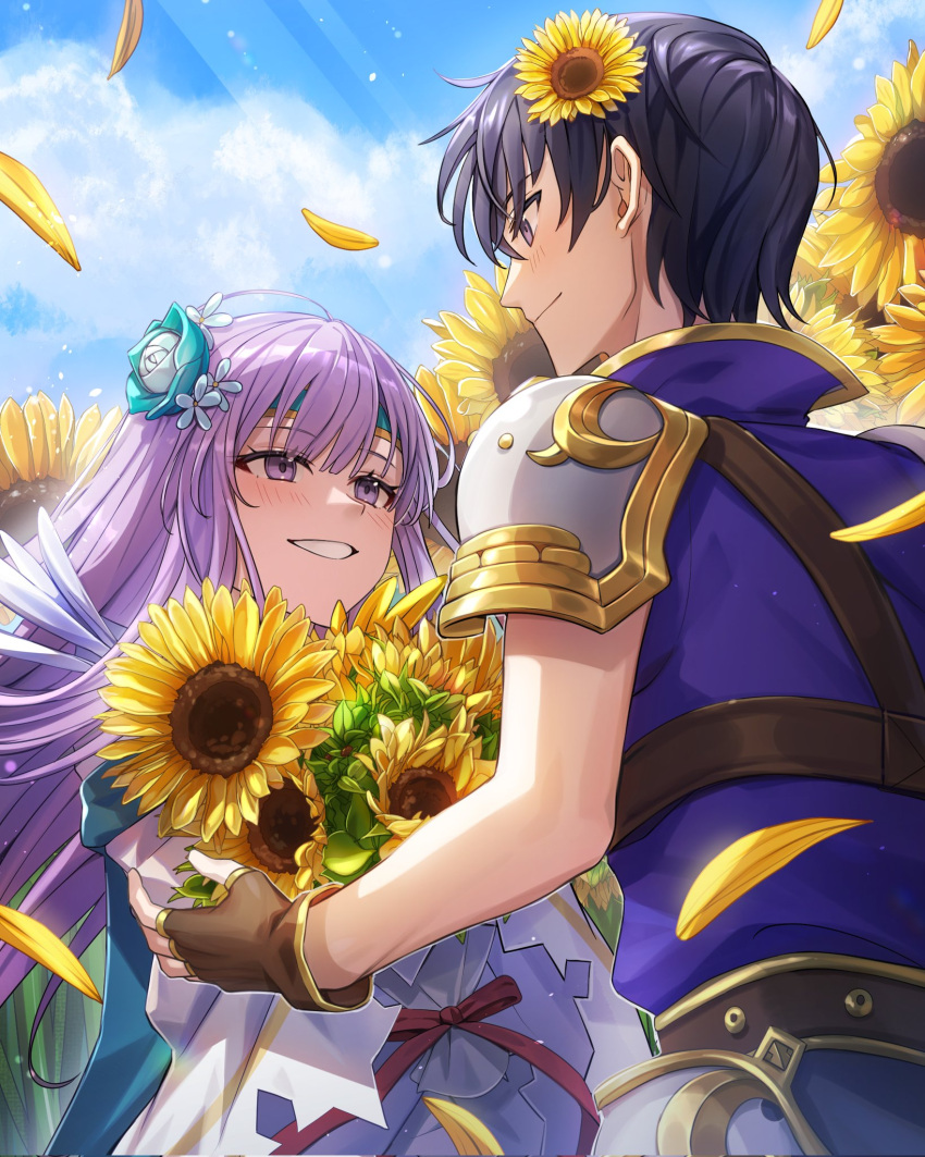 1boy 1girl black_eyes black_hair bouquet commission day falling_petals fingerless_gloves fire_emblem fire_emblem:_genealogy_of_the_holy_war flower gloves grin hair_flower hair_ornament highres holding holding_bouquet julia_(fire_emblem) leather leather_gloves looking_at_another petals purple_eyes scathach_(fire_emblem) shoulder_guard smile sunflower tsugutoku upper_body