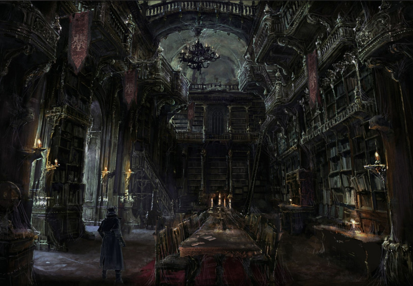 1boy banner bloodborne book bookshelf candle candlestand castle chair chandelier highres hunter_(bloodborne) interior jocus_wang ladder library scenery silk solo spider_web stairs standing table third-party_source wooden_chair wooden_table