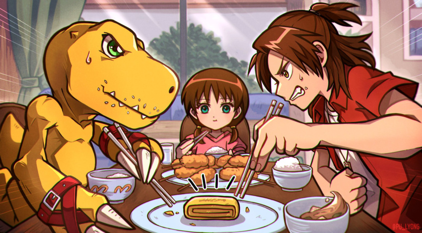 1boy 1girl 1other agumon belt bowl brown_eyes brown_hair chopsticks claws daimon_chika daimon_masaru_(digimon_savers) digimon digimon_(creature) food green_eyes highres holding holding_chopsticks indoors medium_hair pink_shirt plate pu_lyong red_shirt sharp_teeth shirt short_sleeves table teeth window