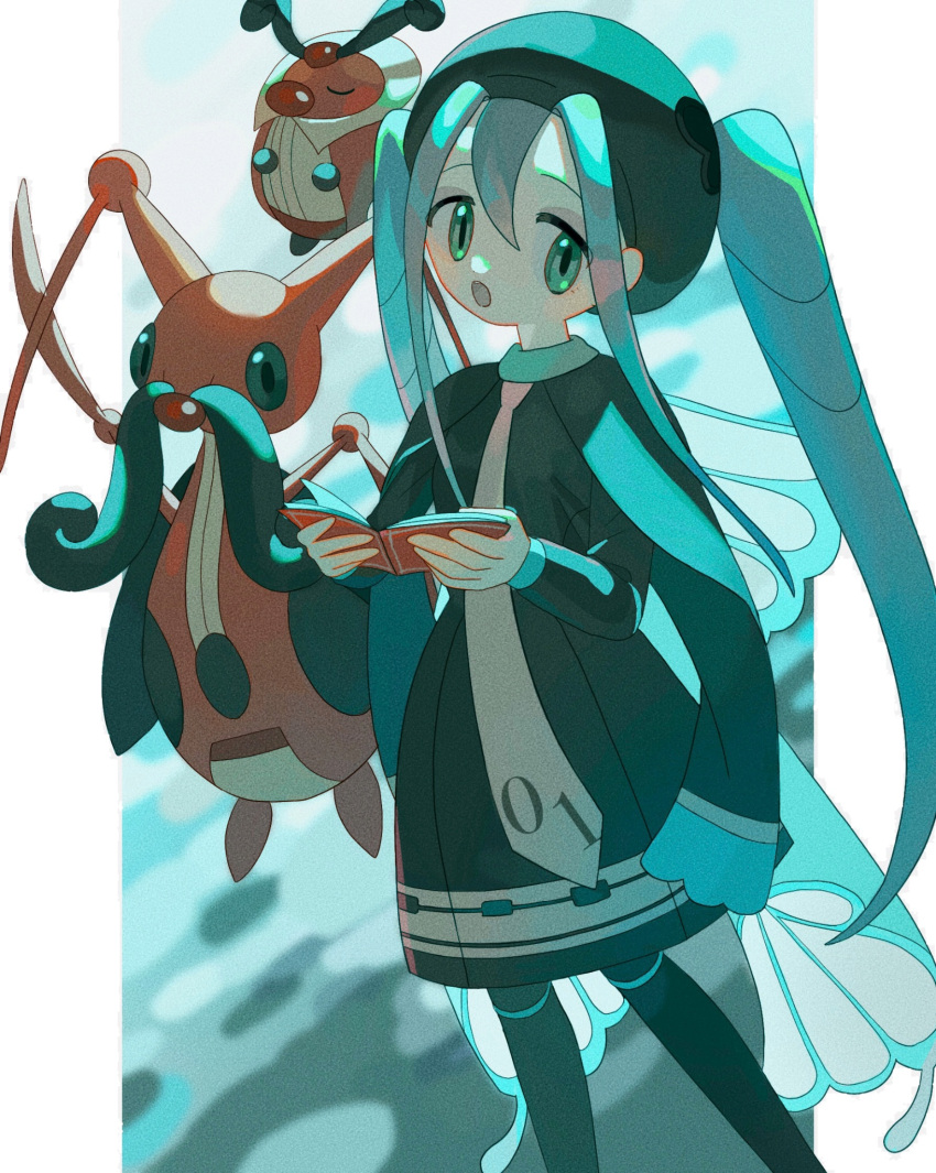 1girl :o beret black_cape black_dress black_pantyhose blue_eyes blue_hair book bug_miku_(project_voltage) butterfly_wings cape commentary dress fake_wings feet_out_of_frame flying hair_through_headwear hat hatsune_miku highres holding holding_book kricketot kricketune long_sleeves looking_at_viewer nagomi_(_nagomi_) necktie open_book open_mouth outside_border pantyhose pillarboxed pokemon pokemon_(creature) project_voltage short_dress sidelocks solo standing tareme twintails vocaloid white_necktie wings