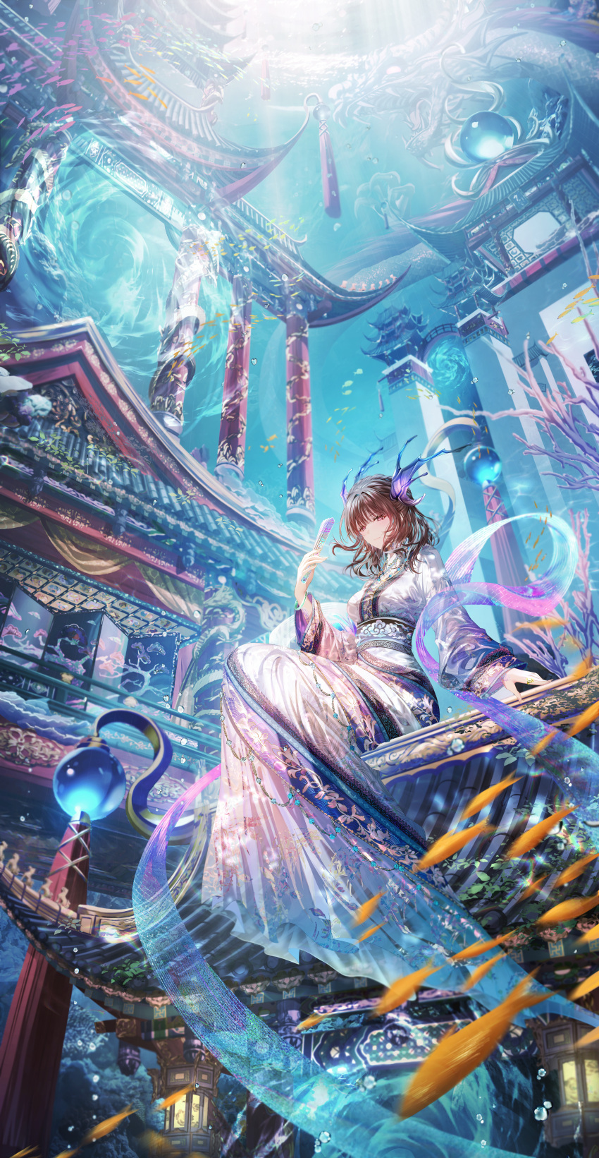 1girl absurdres architecture bracelet brown_eyes brown_hair china_dress chinese_clothes cloud_print dress east_asian_architecture floral_print hand_fan highres holding holding_fan japanese_clothes jewelry junpaku_karen long_sleeves looking_at_viewer looking_down necklace obi on_roof original purple_shawl sash shawl sitting sitting_on_roof smile solo underwater white_dress