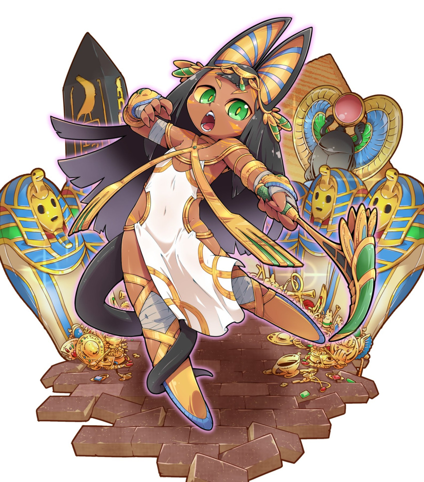 1girl animal_ears ankh black_hair colored_sclera dark-skinned_female dark_skin egyptian egyptian_clothes facial_mark fingernails flat_chest gem gold green_eyes hieroglyphics highres jackal_ears long_hair no_feet obelisk open_mouth original pyramid_(structure) sarcophagus scarab sharp_fingernails solo tail tokkyuu_mikan very_long_hair yellow_sclera