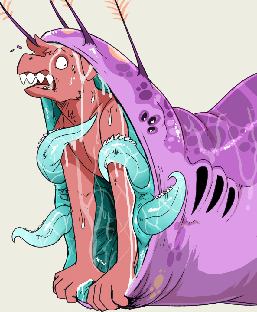 ambiguous_gender antennae_(anatomy) anthro bodily_fluids duo fur hi_res imperatorcaesar in_mouth male multi_eye nude open_mouth oral_vore purple_body red_body red_fur red_tongue saliva simple_background species_request teeth tentacle_tongue tentacles tongue vore