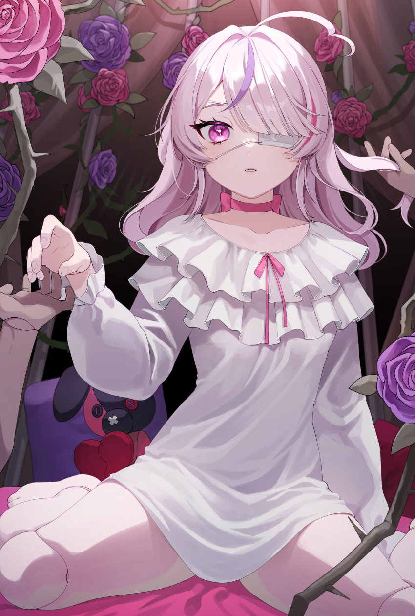 1girl absurdres ahoge bare_legs barefoot choker commentary cushion doll_joints dress eyepatch flower frilled_dress frills hair_over_one_eye hand_up highres joints long_hair long_sleeves looking_at_viewer maria_marionette multicolored_hair nijisanji nijisanji_en parted_lips pink_choker pink_eyes pink_flower pink_hair pink_ribbon pink_rose purple_flower purple_hair purple_rose ribbon rose salty_gana sitting solo streaked_hair stuffed_animal stuffed_rabbit stuffed_toy symbol-only_commentary teeth thorns virtual_youtuber wariza white_dress
