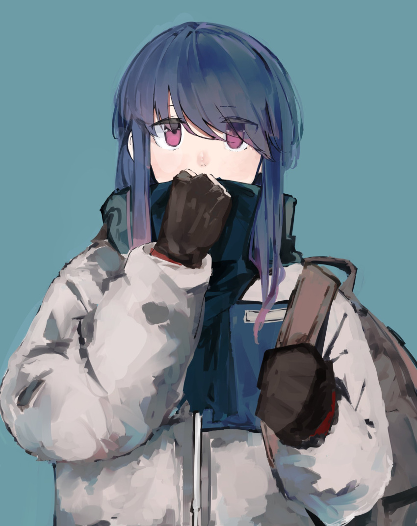 1girl absurdres adjusting_scarf backpack bag bangs blue_background blue_hair gloves hair_over_one_eye hand_up highres holding holding_bag leadin_the_sky long_hair long_sleeves looking_at_viewer purple_eyes scarf shima_rin sidelocks solo translucent_hair winter_clothes yurucamp