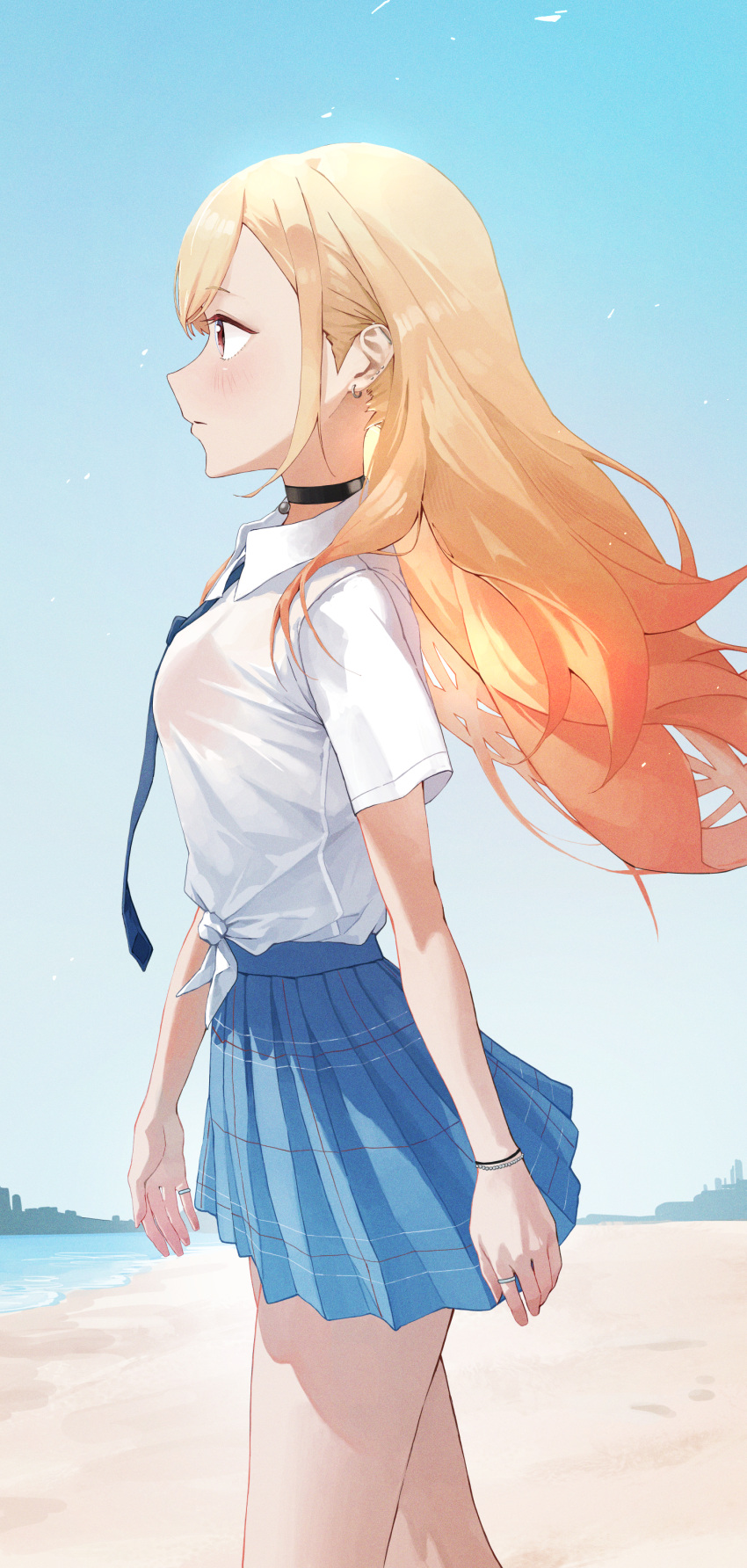 1girl absurdres barbell_piercing black_choker blonde_hair blue_skirt bra_visible_through_clothes bracelet breasts choker collared_shirt day ear_piercing earrings gyaru highres jewelry kitagawa_marin long_hair medium_breasts nmm outdoors piercing pleated_skirt profile red_eyes ring school_uniform shirt skirt sky solo sono_bisque_doll_wa_koi_wo_suru standing tied_shirt white_shirt