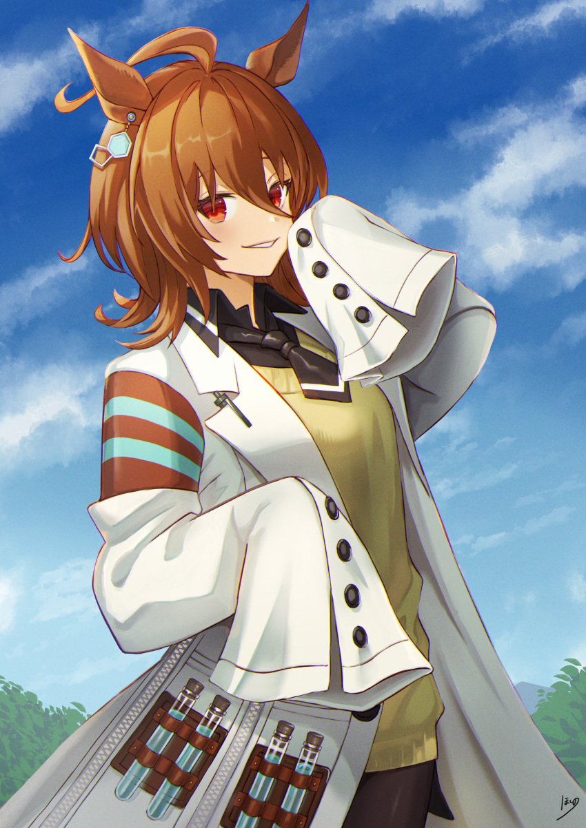 1girl absurdres agnes_tachyon_(umamusume) ahoge black_necktie black_pantyhose black_shirt breasts brown_hair cloud coat collared_shirt cowboy_shot day earrings hair_between_eyes hand_up highres hoshino_(masssssh) jewelry lab_coat looking_at_viewer medium_hair necktie open_clothes open_coat open_mouth outdoors pantyhose pen red_eyes shirt short_necktie signature single_earring sleeves_past_fingers sleeves_past_wrists small_breasts smile solo standing sweater test_tube tree umamusume yellow_sweater