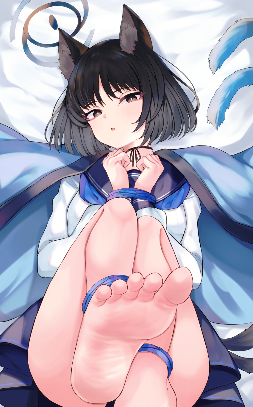 1girl absurdres animal_ears ass barefoot bed_sheet black_eyes black_hair black_sailor_collar black_skirt blue_archive blue_halo blue_neckerchief blush cat_ears cat_tail halo haori highres japanese_clothes kikyou_(blue_archive) long_sleeves looking_at_viewer mi_taro333 multiple_tails neckerchief open_mouth pleated_skirt sailor_collar school_uniform serafuku short_hair skirt soles solo tail toes two_tails