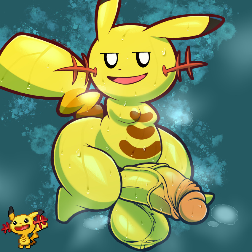 anthro balls big_balls big_penis bodily_fluids digital_media_(artwork) erection fusion generation_1_pokemon generation_2_pokemon genitals hi_res humanoid_genitalia humanoid_penis hybrid hybrid_pokemon male musk musk_clouds nintendo open_mouth penis pikachu pokemon pokemon_(species) pokemon_infinite_fusion simple_background smile softestpuffss solo sweat tail thick_thighs vein veiny_penis wide_hips wooper yellow_body