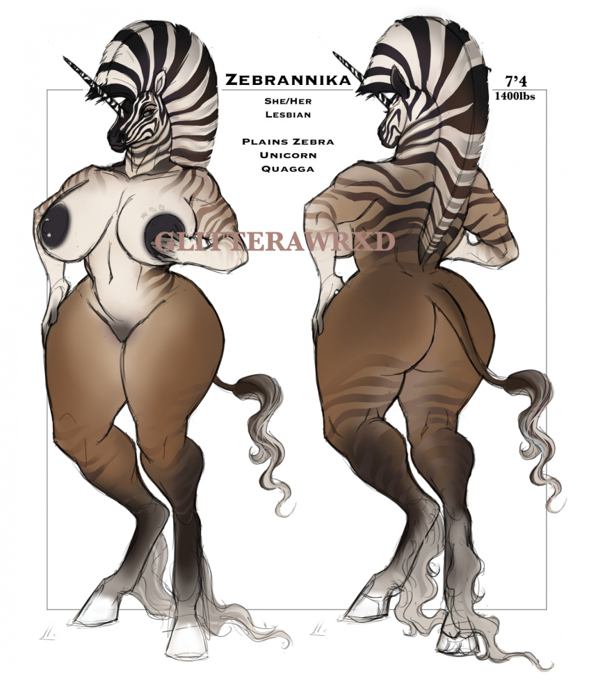 anthro big_breasts big_butt big_nipples breasts butt curvy_figure equid equine facial_piercing female glitterawrxd hi_res horn mammal nipple_piercing nipples nose_piercing nude piercing plains_zebra quagga reference_image solo unicorn voluptuous zebra