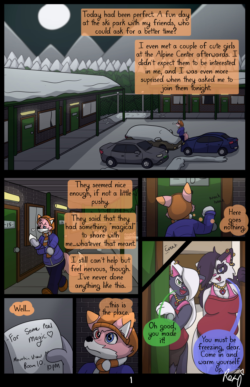 absurd_res anthro canid canine clothed clothing cold comic domestic_cat felid feline felis female fox group hi_res jacket male mammal motel note outside piercing roxythefoxy snow topwear trio