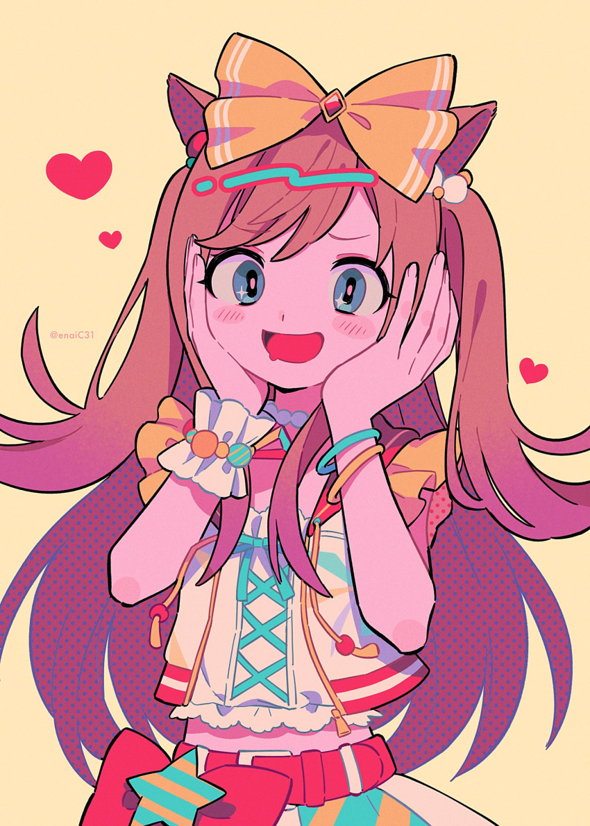 1girl agnes_digital_(umamusume) animal_ears bead_bracelet beads belt blue_eyes blush bow bracelet brown_hair commentary_request crop_top cropped_jacket drooling flipped_hair furrowed_brow hair_beads hair_bow hair_ornament halftone hands_on_own_cheeks hands_on_own_face heart highres horse_ears horse_girl jacket jewelry lace-trimmed_shirt lace_trim long_hair looking_at_viewer menma_(enaic31) midriff mouth_drool multicolored_clothes multicolored_skirt open_clothes open_jacket open_mouth red_belt shirt simple_background single_wrist_cuff skirt smile solo sparkling_eyes swept_bangs two_side_up umamusume upper_body wrist_cuffs yellow_background yellow_bow