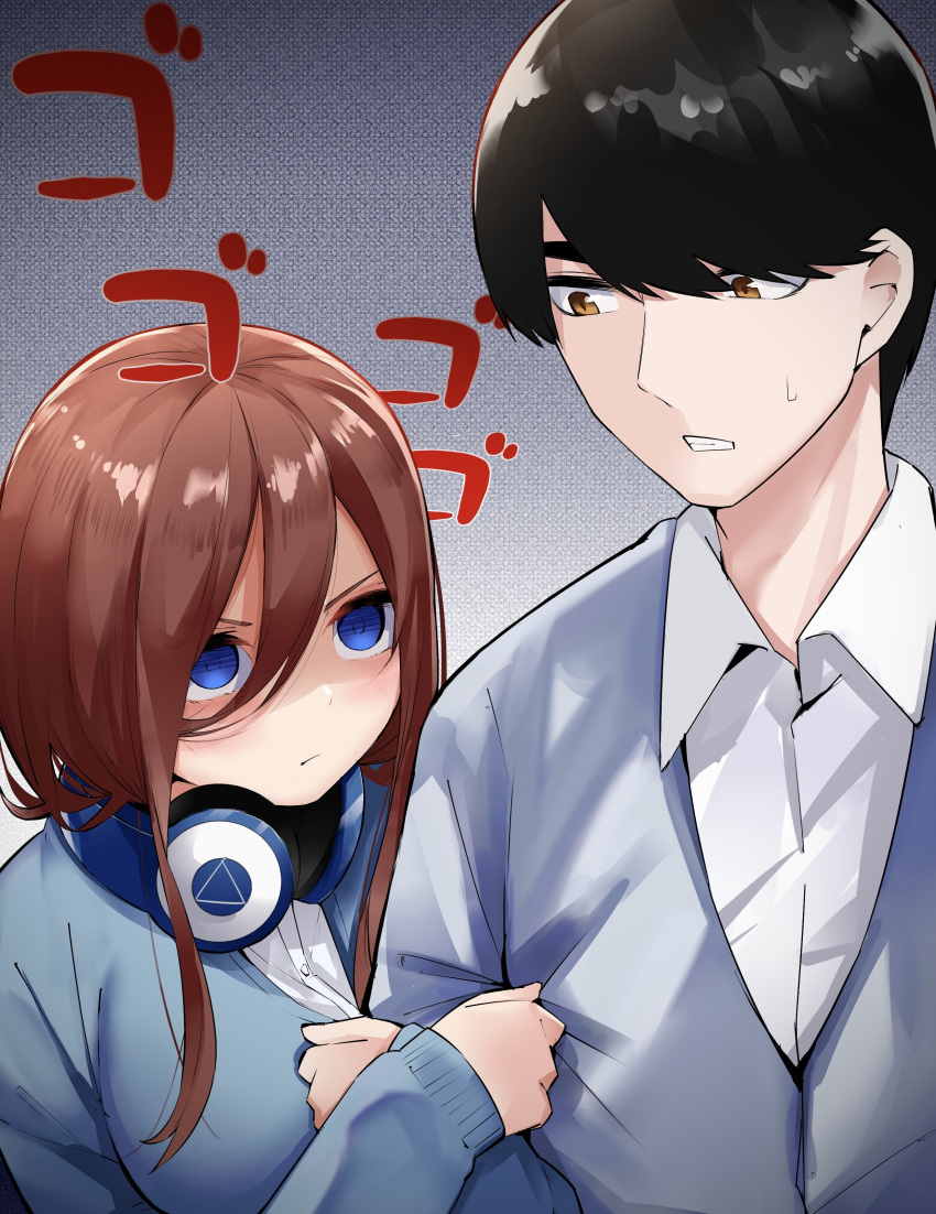 1boy 1girl absurdres angry arm_grab black_hair blue_eyes blue_sweater blush breasts brown_hair casual clenched_teeth closed_mouth collared_shirt commentary_request couple crazy_eyes empty_eyes expressionless eyebrows_hidden_by_hair go-toubun_no_hanayome grey_background hair_between_eyes hair_over_one_eye headphones headphones_around_neck hetero highres jealous large_breasts long_hair looking_at_another mame1645 menacing_(jojo) nakano_miku nose shaded_face shirt short_hair sidelocks simple_background sleeves_past_wrists sweatdrop sweater swept_bangs teeth uesugi_fuutarou upturned_eyes v-shaped_eyebrows white_shirt yandere yellow_eyes