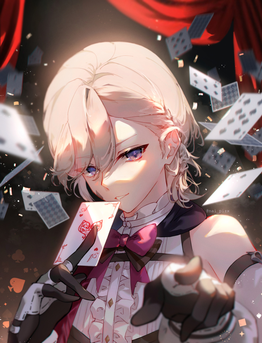 1boy ace_of_hearts androgynous black_gloves blonde_hair bow braid card detached_sleeves genshin_impact gloves hair_over_one_eye heart highres lyney_(genshin_impact) male_focus medium_hair nai_pizx playing_card purple_eyes red_bow red_curtains shirt smile solo teeth twitter_username white_shirt