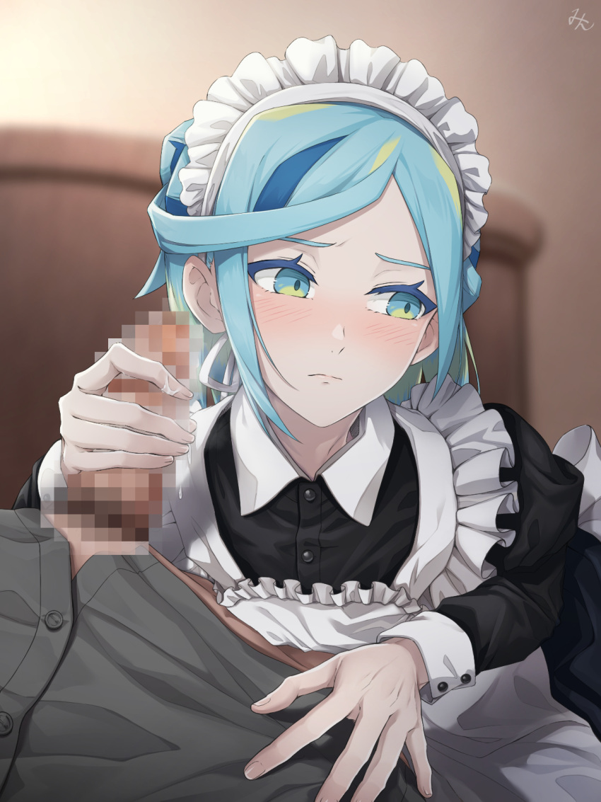 2boys alternate_costume apron aqua_eyes aqua_hair black_dress blurry blurry_background blush buttons censored closed_mouth collared_dress commentary_request crossdressing dress eyelashes frilled_apron frills grusha_(pokemon) handjob highres indoors long_sleeves looking_to_the_side maid_headdress male_focus min_(myna8247) mosaic_censoring multiple_boys penis pokemon pokemon_(game) pokemon_sv white_apron yaoi