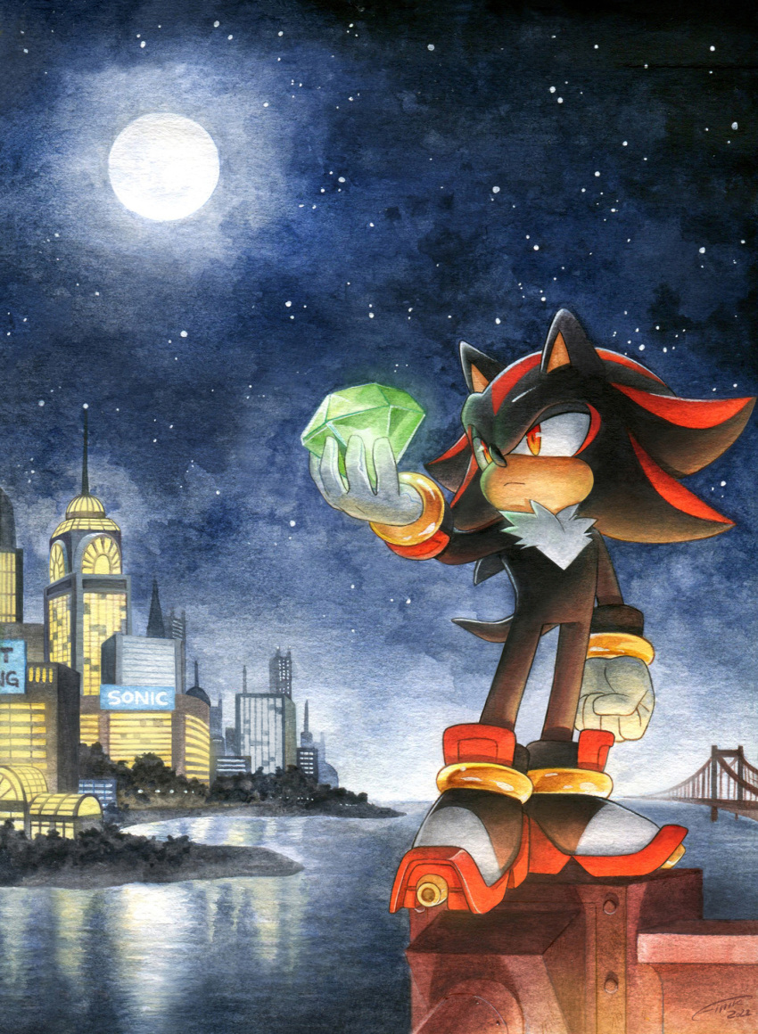 1boy bridge building chaos_emerald city finik full_moon gloves highres moon night night_sky outdoors reflection reflective_water shadow_the_hedgehog shoes sky skyscraper solo sonic_(series) water white_gloves