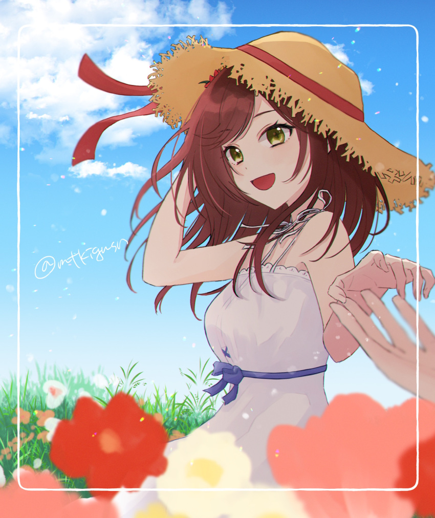 1girl 1other :d arm_behind_head arm_up bad_hands bare_arms bare_shoulders blue_sky blurry blurry_foreground blush breasts brown_hair brown_headwear cloud cloudy_sky day depth_of_field dress flower green_eyes hat highres long_hair looking_at_viewer medium_breasts mtkignsn outdoors rainbow red_flower rosa_(tears_of_themis) sky sleeveless sleeveless_dress smile solo_focus straw_hat tears_of_themis white_dress white_flower