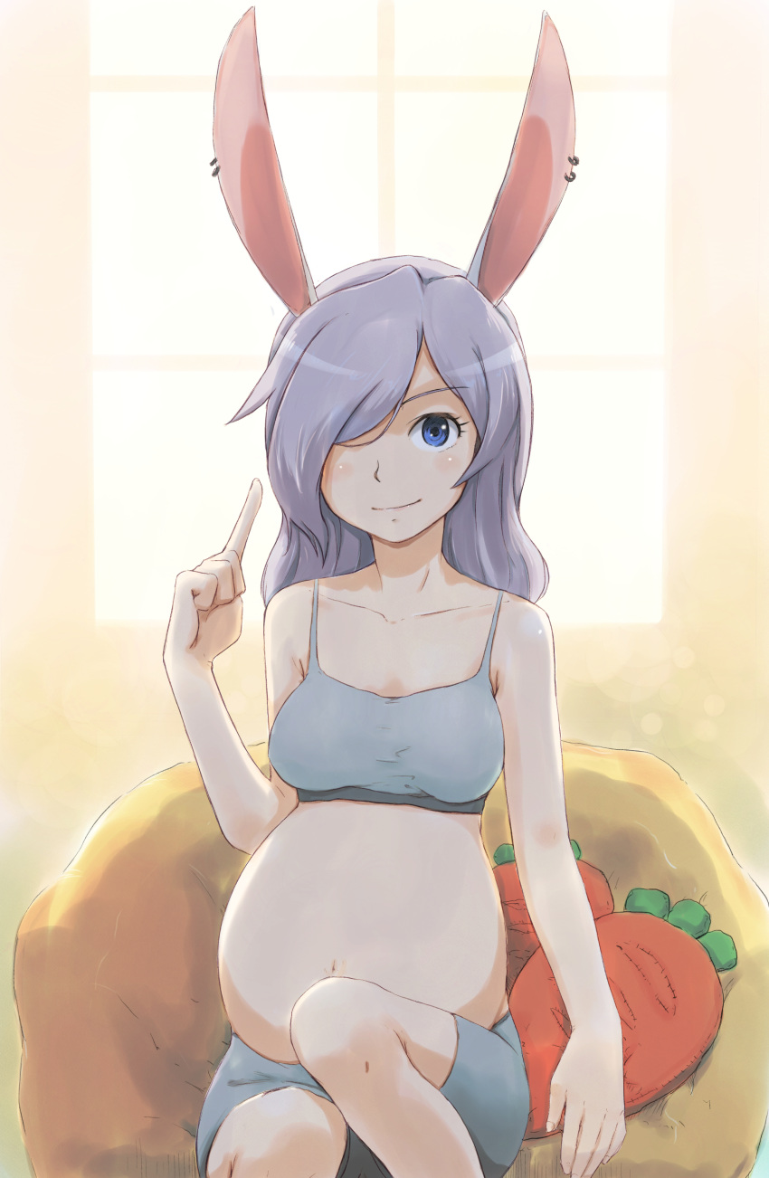 1girl absurdres animal_ears big_belly blue_eyes carrot_pillow collarbone earrings grey_hair hair_over_one_eye highres jewelry long_bangs long_hair midriff mutou_youshun navel original pillow pointing pointing_up pregnant rabbit_ears rabbit_girl shorts sitting smile solo sports_bra window