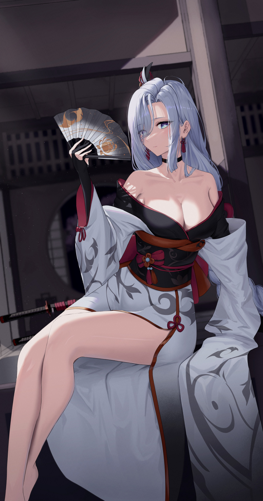 1girl absurdres alternate_costume bakemonsou bare_shoulders black_choker black_kimono blue_eyes braid braided_ponytail breasts bridal_gauntlets choker cleavage closed_mouth collarbone commentary_request earrings eyes_visible_through_hair feet_out_of_frame folding_fan genshin_impact grey_hair hair_over_one_eye hand_fan hand_up highres holding holding_fan indoors japanese_clothes jewelry katana kimono large_breasts light_particles long_hair looking_at_viewer obi off_shoulder sash shenhe_(genshin_impact) sitting solo sword tassel tassel_earrings thighs two-tone_kimono very_long_hair weapon white_kimono wide_sleeves