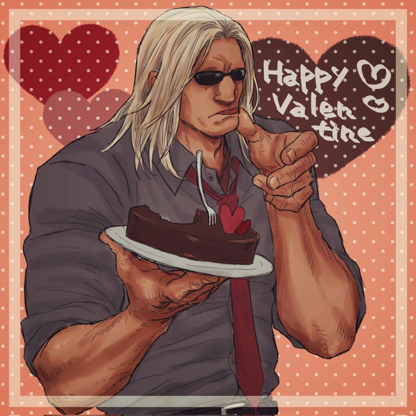 1boy big_nose cake chocolate_cake collared_shirt dark-skinned_male dark_skin food happy_valentine highres hunter_x_hunter large_hands licking licking_finger long_hair male_focus morel_mackernasey necktie nkwtsrsk_hh no_eyebrows shirt sunglasses upper_body wrinkled_skin