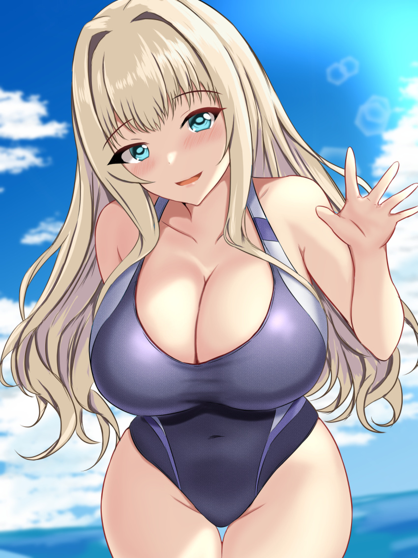 1girl blonde_hair breasts cloud cloudy_sky competition_swimsuit cowboy_shot day dolphin_wave highres large_breasts long_hair montemasa ocean one-piece_swimsuit open_mouth sky sunlight swimsuit todo_kohaku virtual_youtuber water