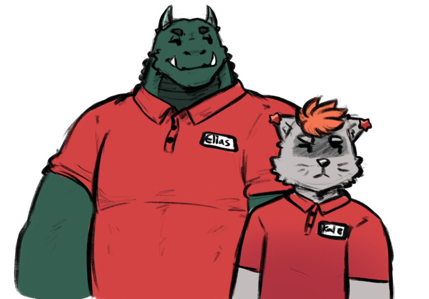 anthro clothing crocodilian dynogreeno ear_piercing ear_ring fur green_body green_skin grey_body grey_fur hair hi_res horn male mammal name_tag orange_hair piercing red_clothing reptile ring_piercing scalie solo teeth