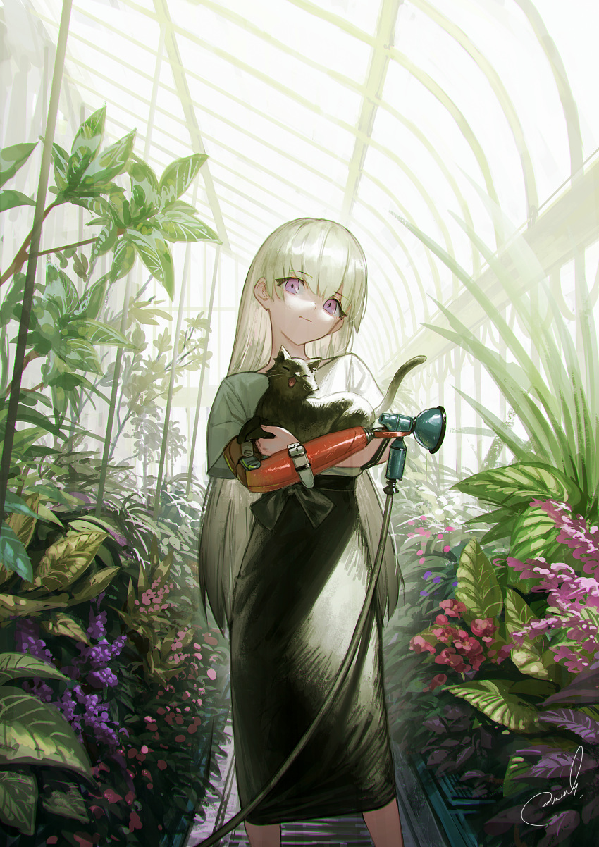 1girl :| absurdres amputee animal artist_name black_cat black_skirt cat closed_mouth commentary_request crossed_arms feet_out_of_frame flower garden greenhouse head_tilt highres holding holding_animal holding_cat hose indoors leaf long_hair long_skirt looking_at_viewer original plant prosthesis prosthetic_arm purple_eyes reoen signature skirt solo standing straight_hair sunlight very_long_hair white_hair