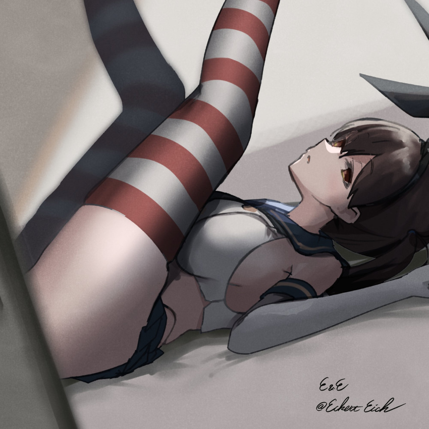 1girl black_panties blue_sailor_collar breasts brown_eyes brown_hair cosplay crop_top eckert&amp;eich elbow_gloves empty_eyes gloves hair_between_eyes hairband highleg highleg_panties highres kaga_(kancolle) kantai_collection large_breasts legs_up looking_at_viewer lying on_back one-hour_drawing_challenge panties sailor_collar shimakaze_(kancolle) shimakaze_(kancolle)_(cosplay) solo striped striped_thighhighs thighhighs twitter_username underwear white_gloves
