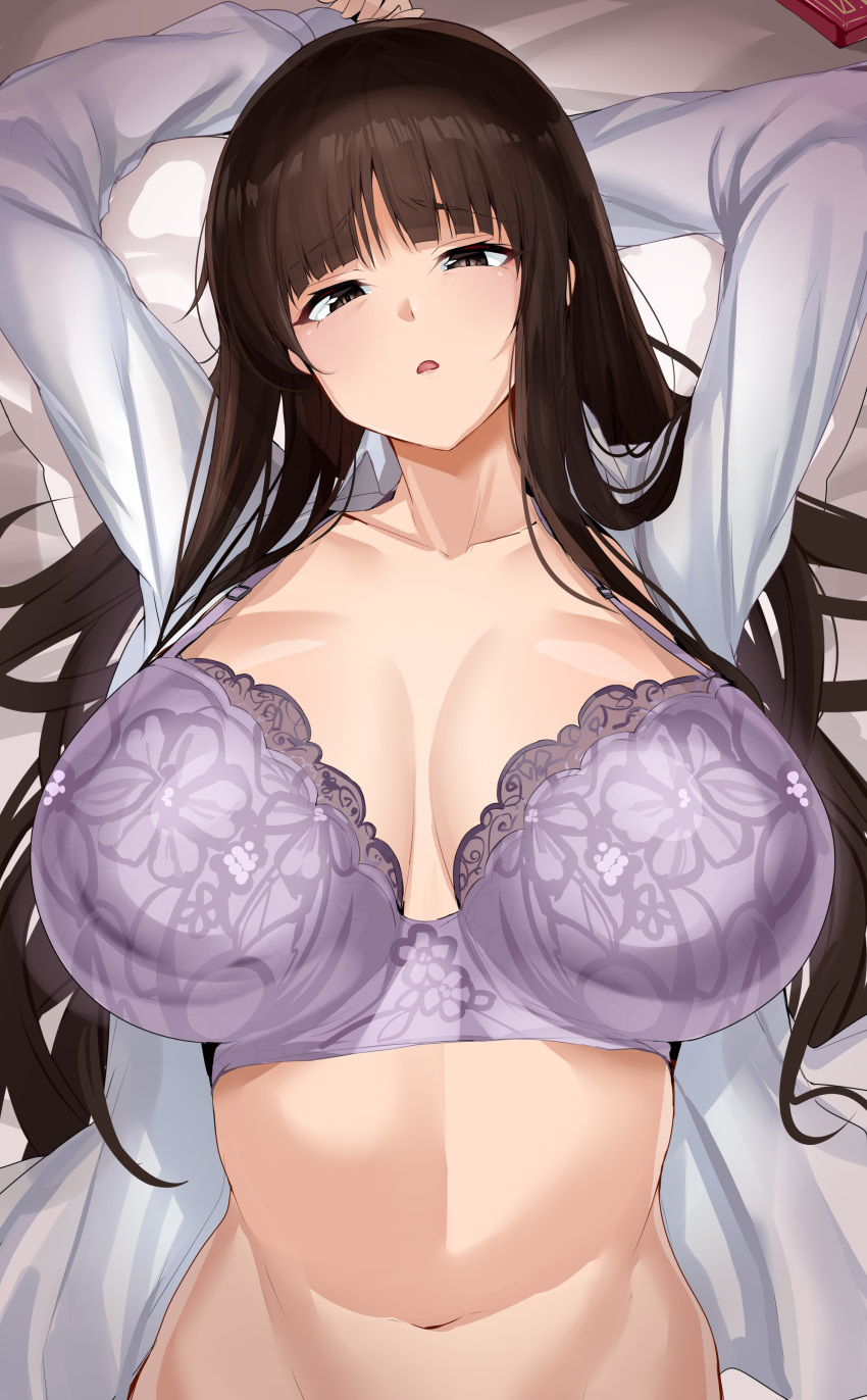 1girl absurdres blunt_bangs blush bra breasts brown_eyes brown_hair collarbone condom_box floral_print furrowed_brow girls_und_panzer highres huge_breasts long_hair looking_at_viewer lying maruyaa_(malya1006) mature_female navel nishizumi_shiho on_back open_clothes open_shirt parted_lips purple_bra shirt solo underwear upper_body white_shirt