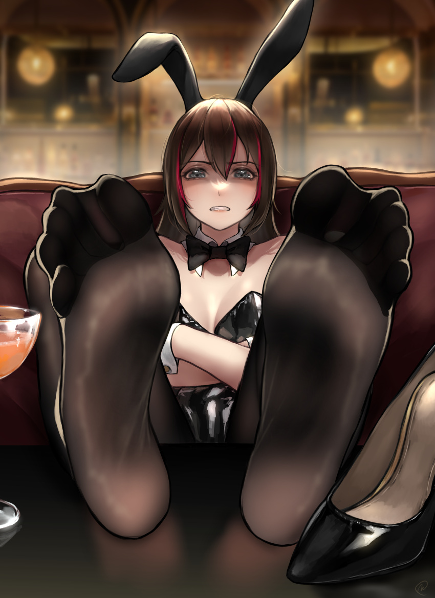 1girl absurdres animal_ears bare_shoulders black_bow black_bowtie black_bra black_footwear black_pantyhose blurry blurry_background bow bowtie bra breasts brown_hair cocktail_glass commentary commission crossed_arms cup depth_of_field drinking_glass english_commentary eyelashes fake_animal_ears feet feet_on_table feet_up fine_fabric_emphasis foot_focus foreshortening grey_eyes hair_between_eyes high_heels highres indoors long_hair looking_at_viewer medium_breasts multicolored_hair nikishiko no_shoes nontraditional_playboy_bunny original pantyhose pixiv_commission rabbit_ears red_hair reflection see-through see-through_legwear shoes shoes_removed sidelocks sitting soles solo spread_toes streaked_hair toes underwear