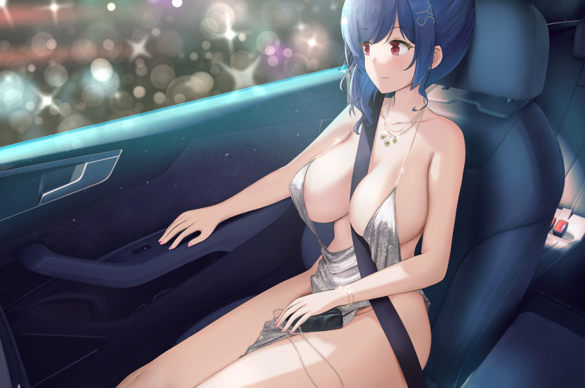 1girl azur_lane bag bare_shoulders between_breasts blue_hair breasts car_interior collarbone dress hair_ornament hairclip handbag highres jewelry joko_jmc large_breasts lens_flare necklace pelvic_curtain pink_nails red_eyes seatbelt silver_dress sitting solo st._louis_(azur_lane) st._louis_(luxurious_wheels)_(azur_lane) thighs